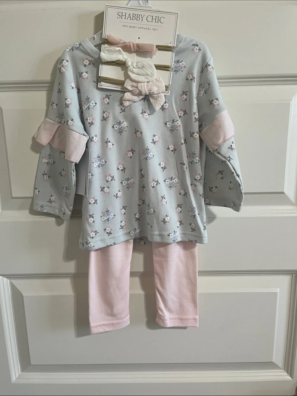 2 sets of Shabby Chic Floral Two-Piece Set with Bows one blue and gree